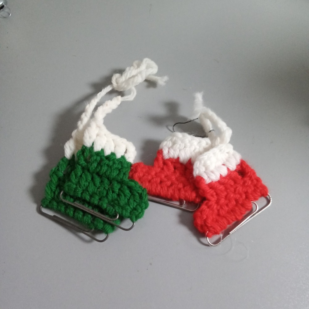 Handmade Crochet Ice Skate Ornaments Red Green White Paperclip Blades Set of 4